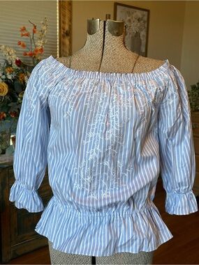 White House Black Market Blue & White Striped Off-the-Shoulder Peasant Blouse